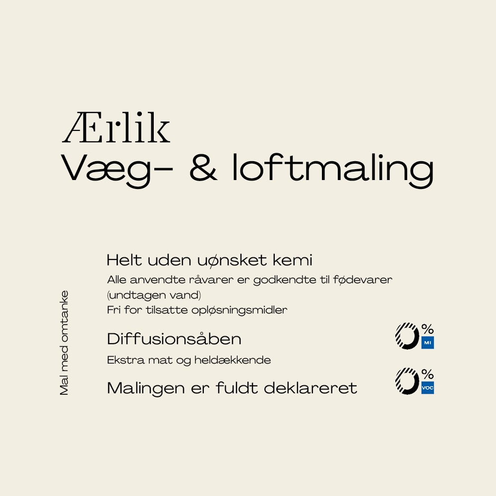 Ærlik naturmaling til væg og loft – allergivenlig, mat og diffusionsåben, fuldt deklareret